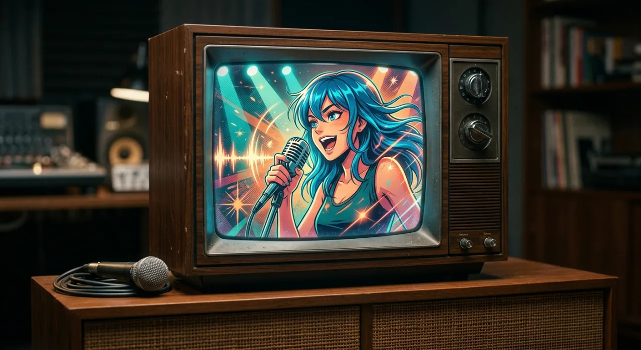Jovem em roupa de treino faz agachamento ao lado de TV exibindo cena de anime clássico