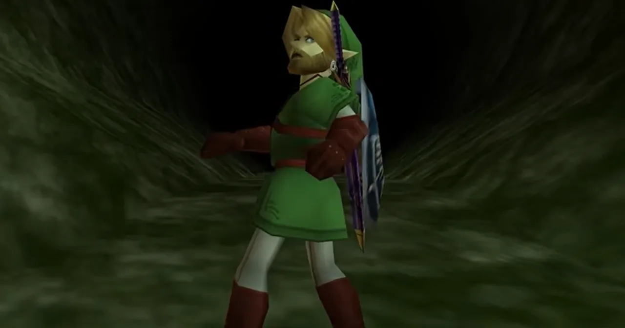 Link barbudo do romhack Indigo ao lado da capa em 4K do remake de Ocarina of Time, com Hyrule ao fundo
