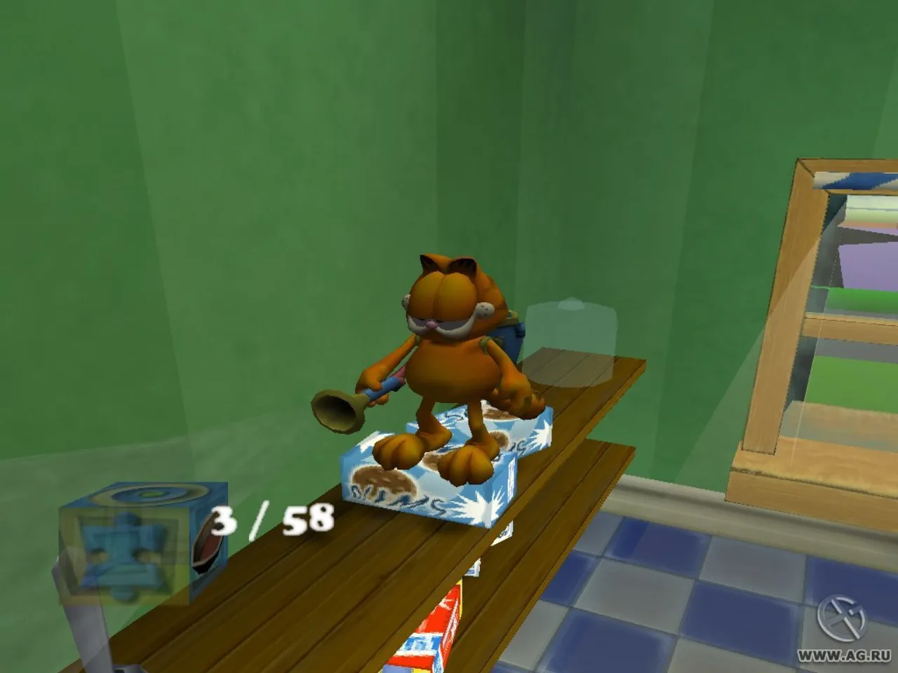 Lasanha gratinada ao lado de halteres, um tapete de yoga e um controle de Xbox em um ambiente fitness bem iluminado