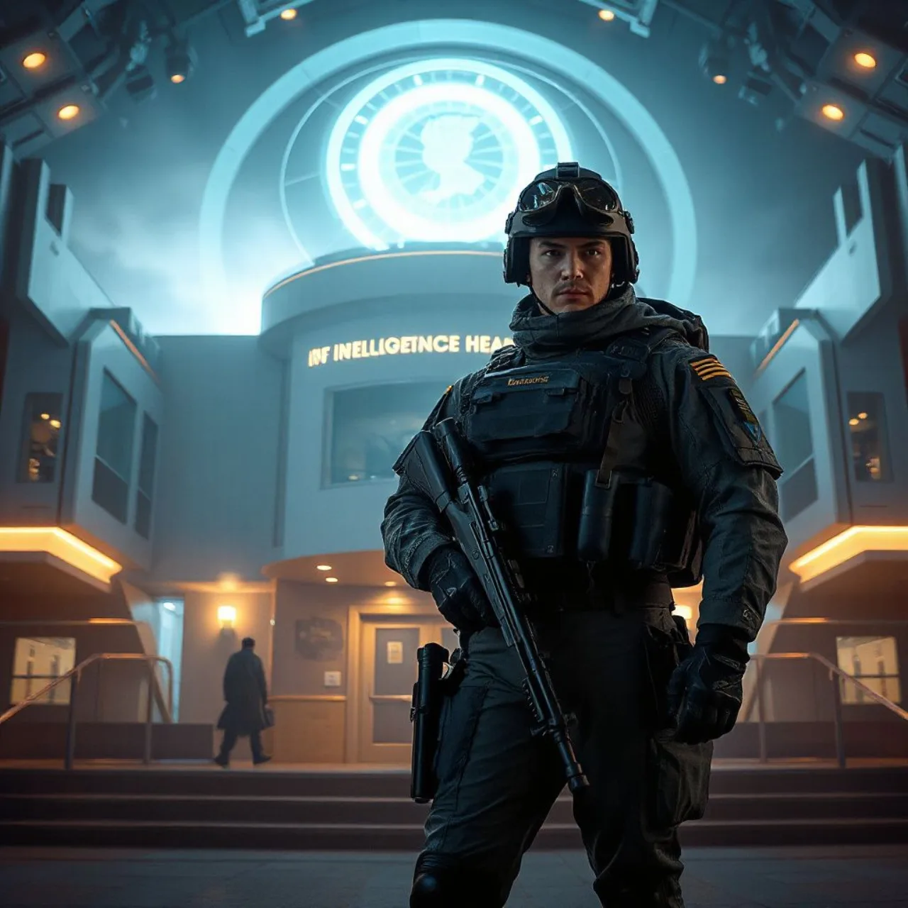Capitão América em uniforme da S.H.I.E.L.D. segurando o escudo ao lado do logotipo da agência