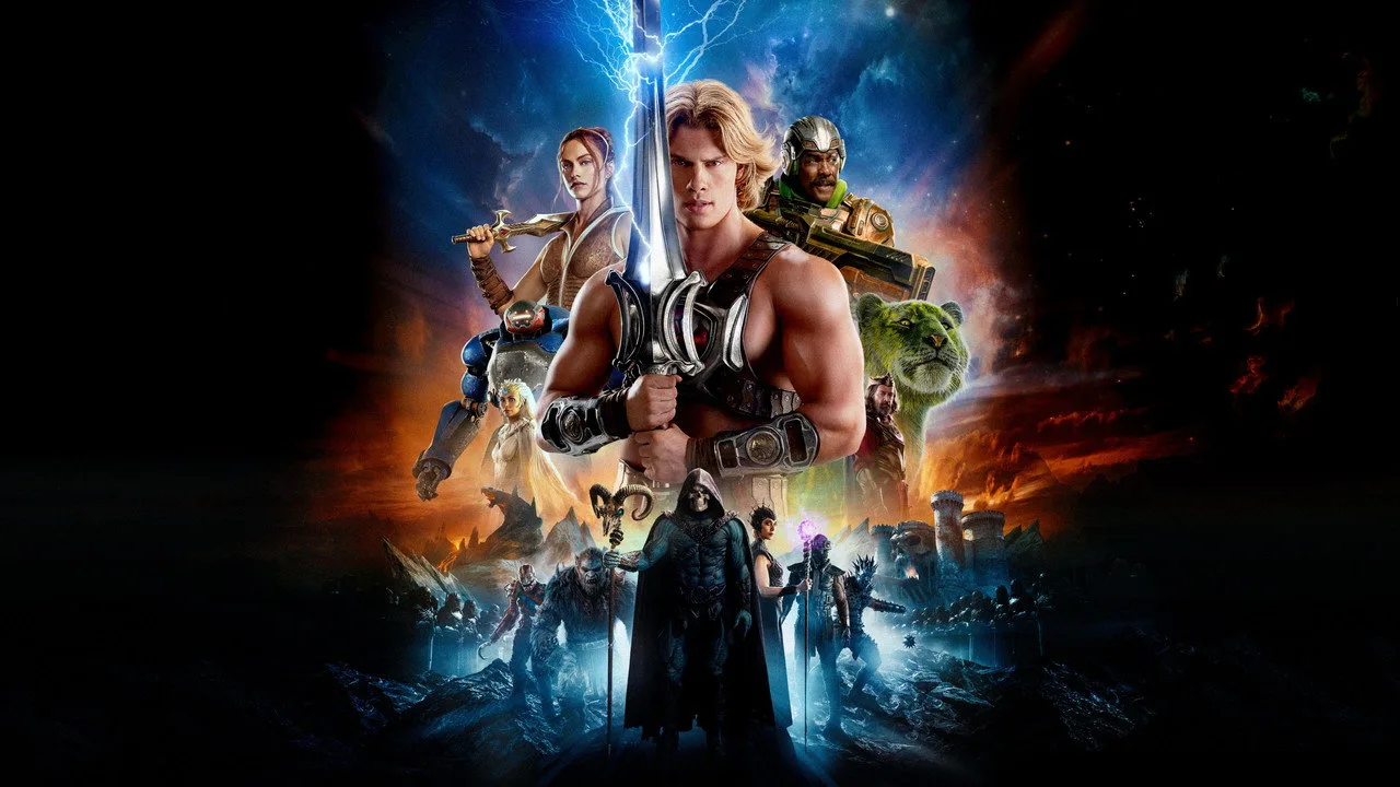 Jovem fazendo agachamento com barra ao lado de um controle remoto e a capa de Masters of the Universe na TV