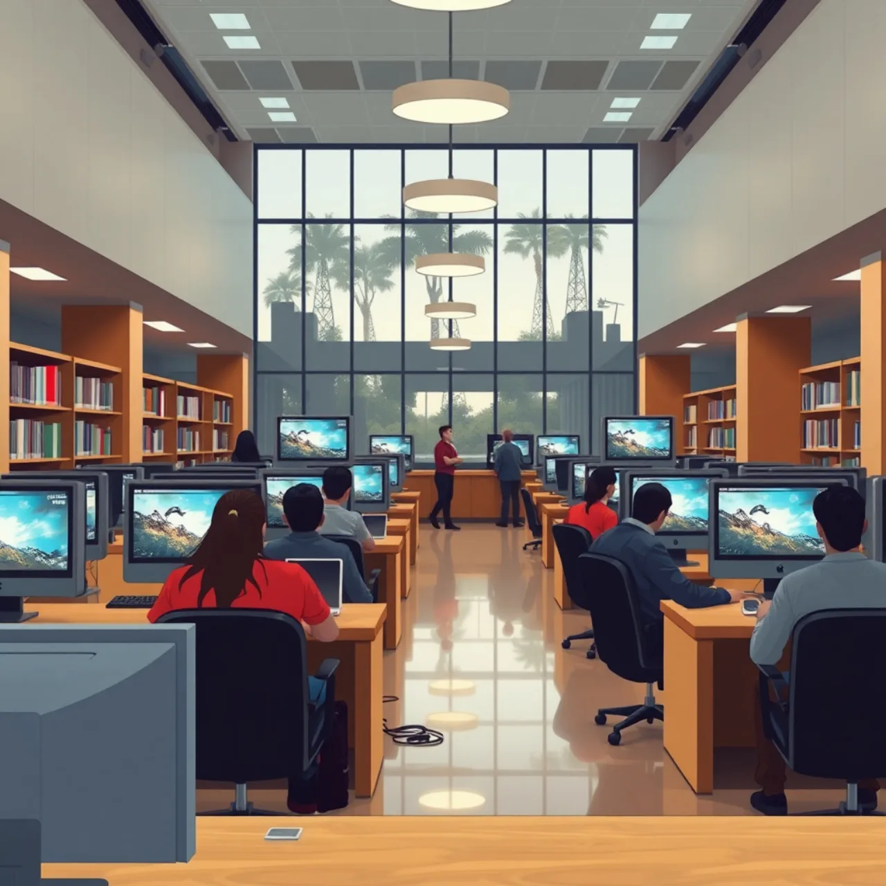 Jovem com fone, fazendo alongamento em casa, acessa filme via app da biblioteca no tablet