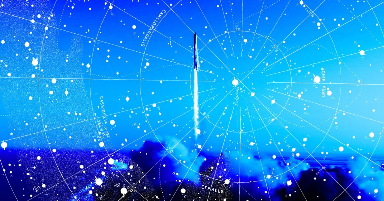 Foguete decolando em direção ao espaço com um tablet exibindo gráficos de ações e dados financeiros em primeiro plano