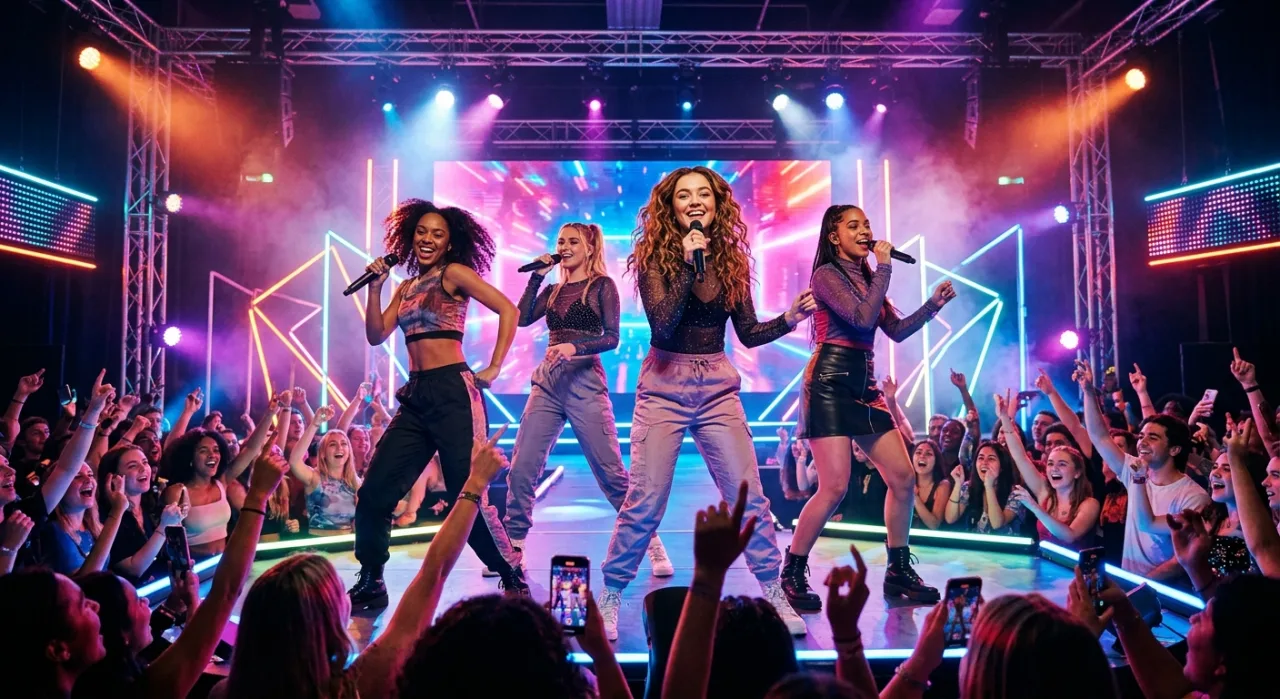 A2O LITE no palco iluminado por neon, segurando o troféu de ‘The Show’ com o logo do programa ao fundo