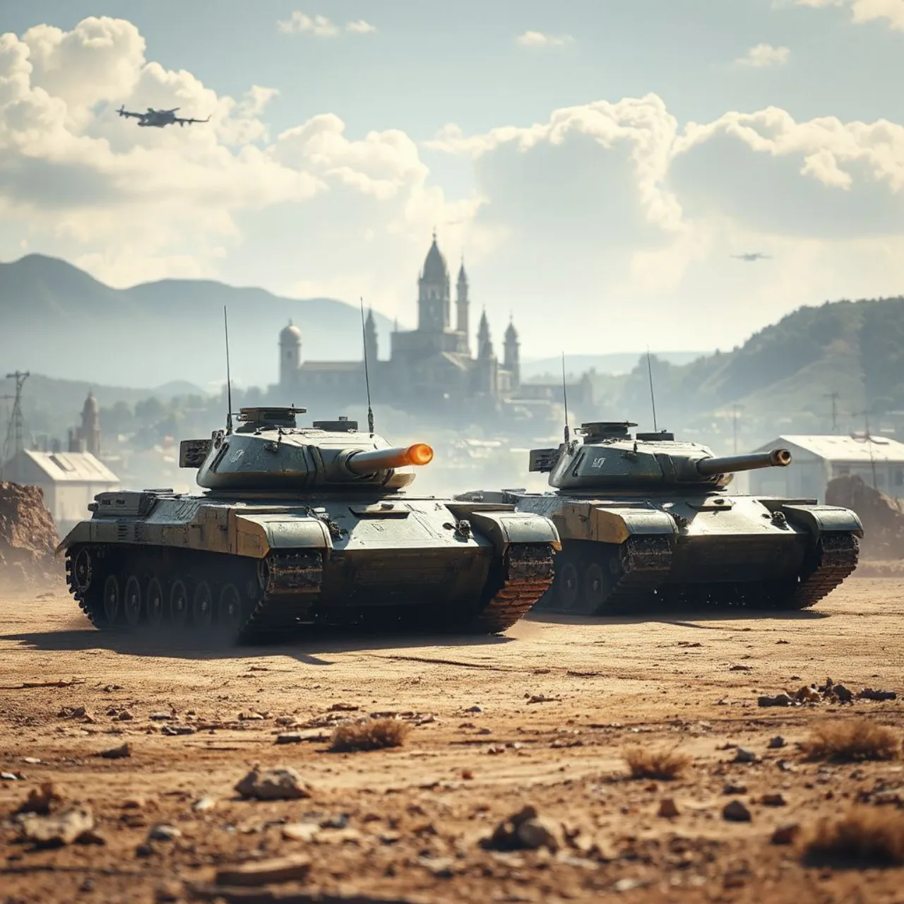 Logo de Girls und Panzer: All‑Star Tank Carnival ao lado de um Switch 2, com tanques anime em ação no fundo