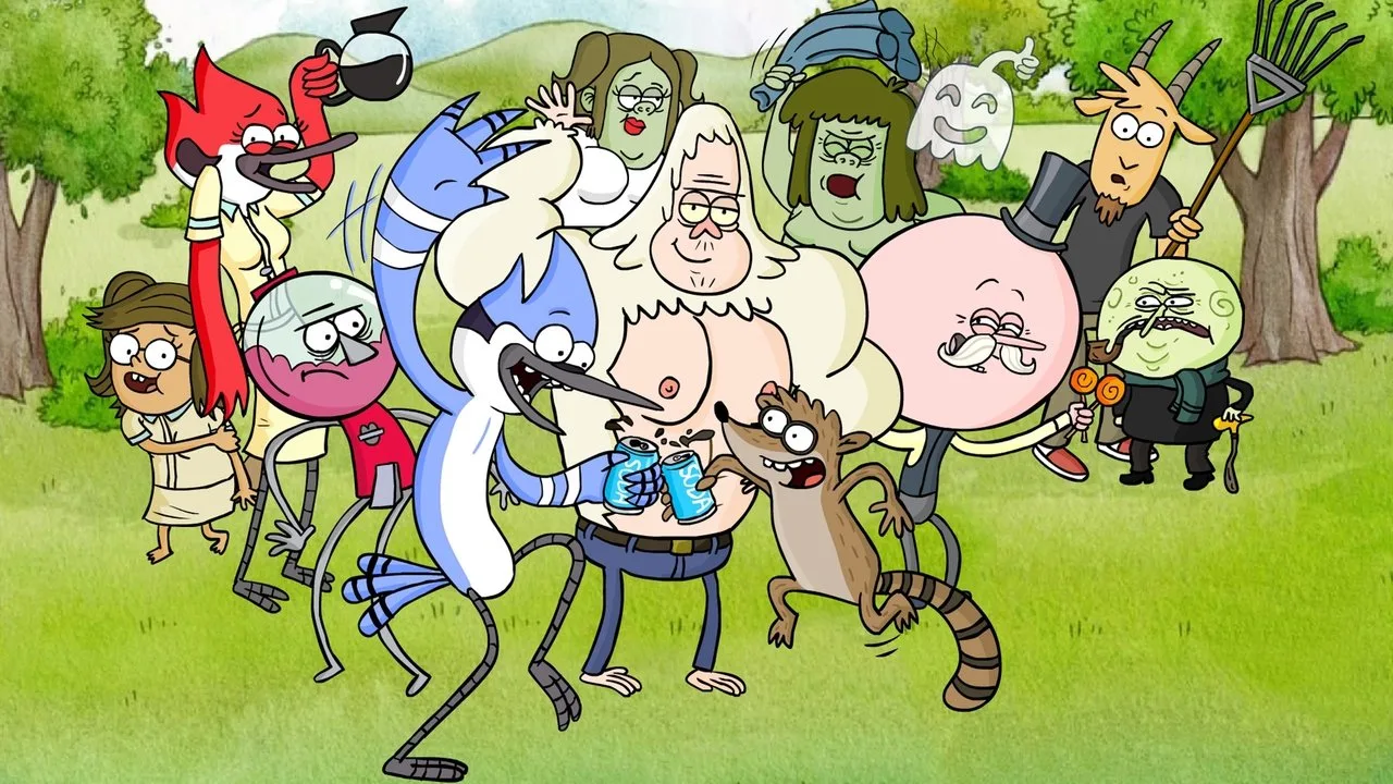 Pessoa fazendo alongamento no sofá, segurando o box de Regular Show e com uma garrafa de água ao lado