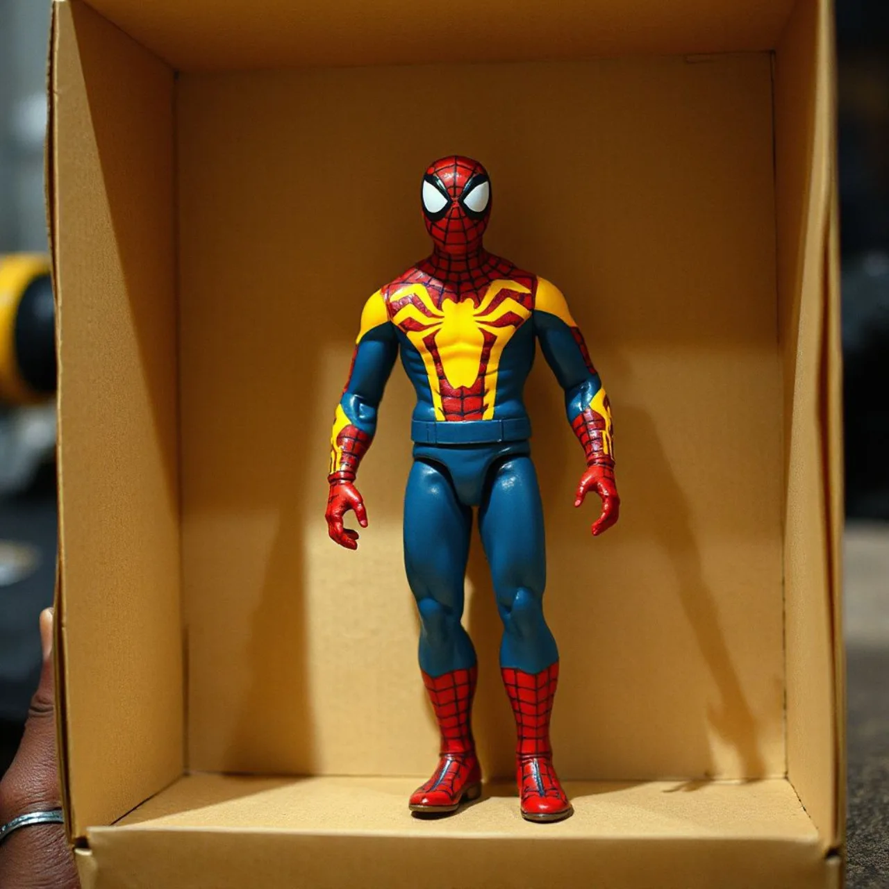 Figura de ação da Mego do Homem-Aranha, em pose heroica, com etiqueta AFA 80 sobre fundo de vitrine de leilão