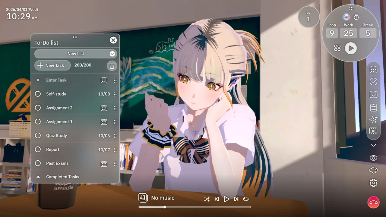 Tela da visual novel mostrando a protagonista em um quarto aconchegante, com o logo da Steam e o título Chill with You