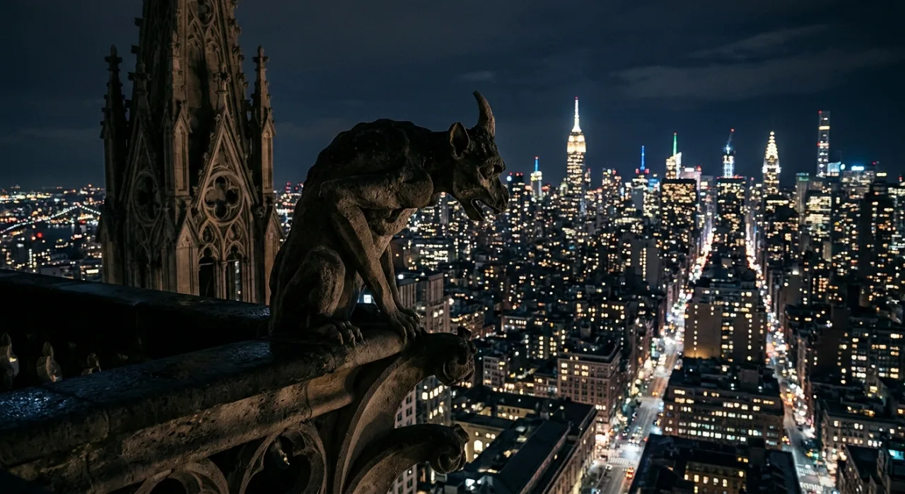 Gargoyles de 1994 ao lado de um retrato de Macbeth e um pergaminho com a frase “To be or not to be”
