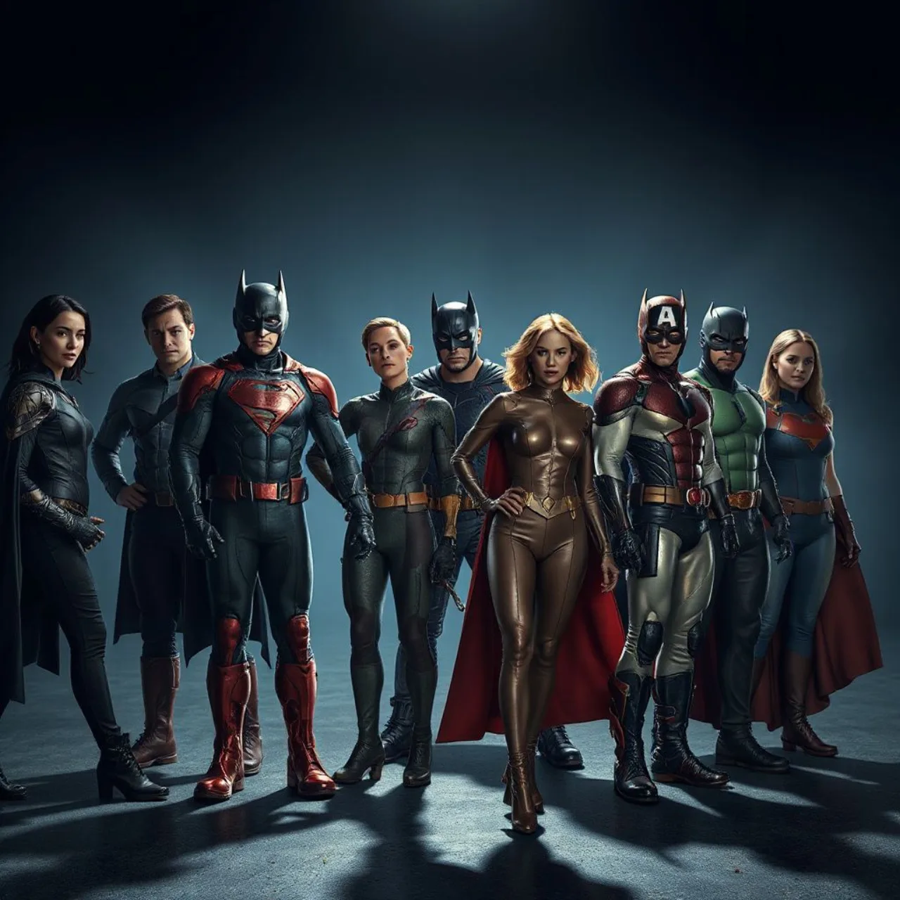 Power Girl, Huntress, Guy Gardner, Booster Gold e Superboy posam juntos em frente ao logotipo da DC Comics