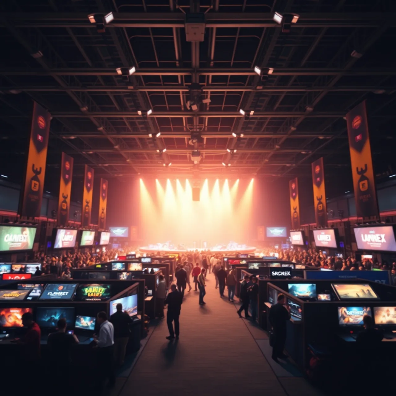 Atleta em traje esportivo faz agachamento com halteres, ao fundo tela LED exibindo logo da Gamescom 2026