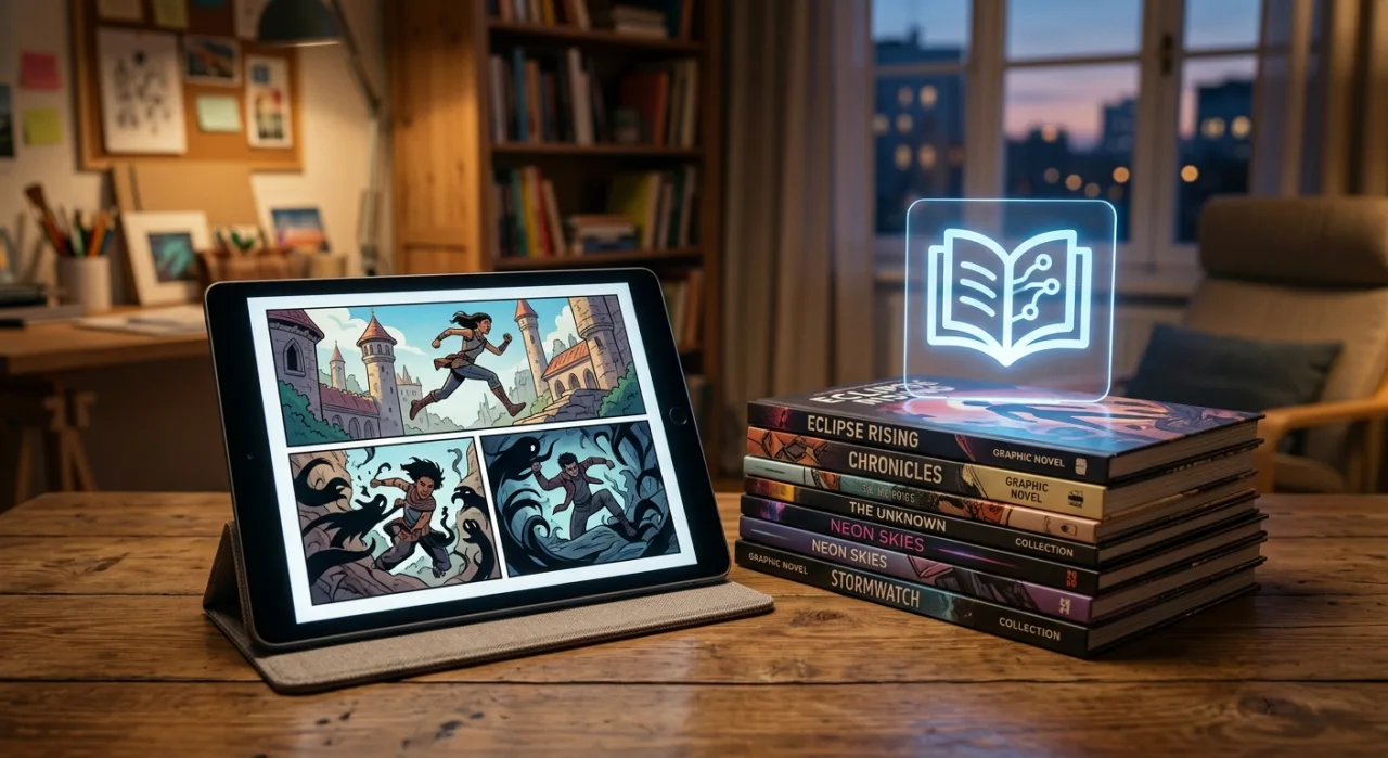 Logo da Manta ao lado de uma estante digital com quadrinhos sendo arrastados para um tablet