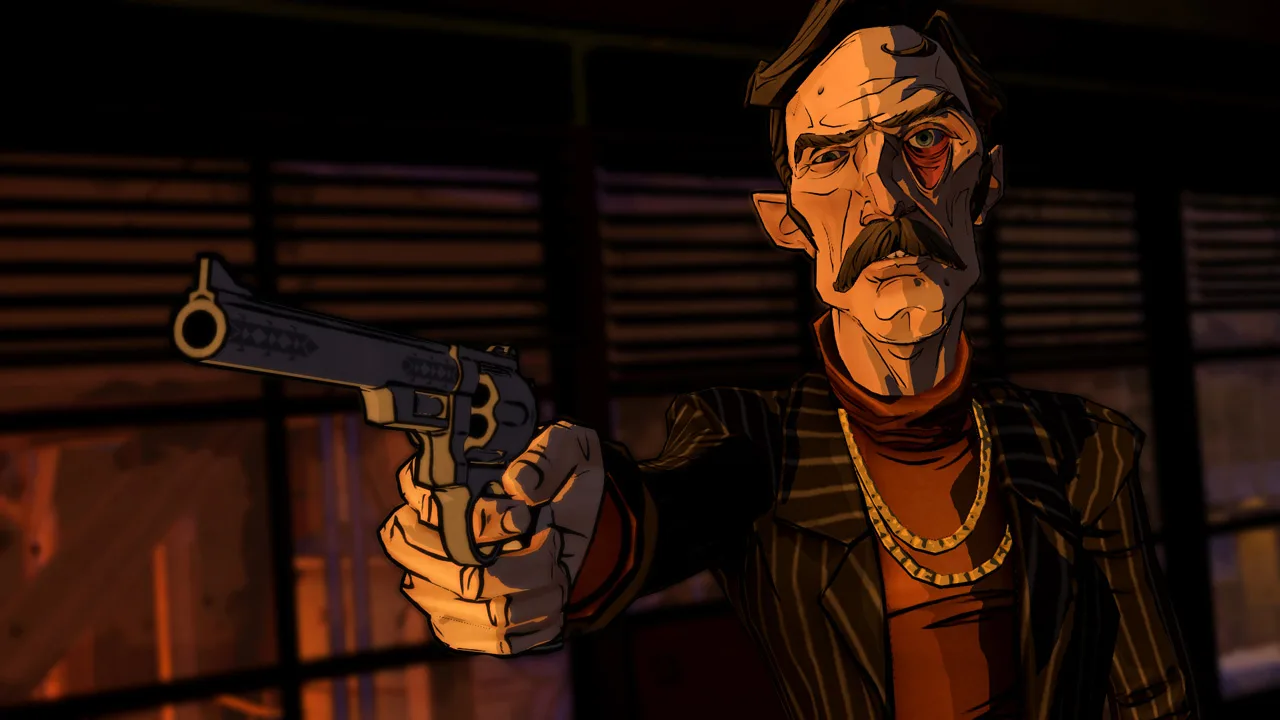 Cena sombria de Bigby Wolf em trench coat, segurando um revólver, com luz de neon refletindo em ruas chuvosas
