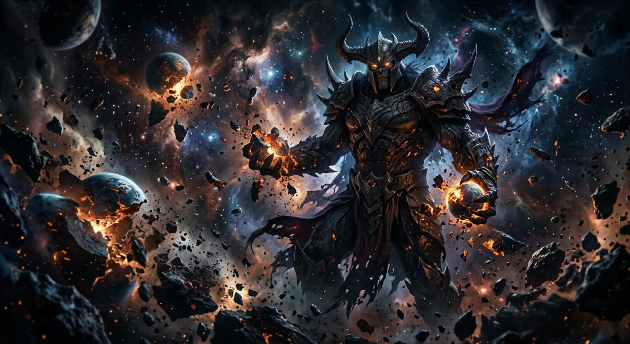 Darkseid, Trigon e outros vilões da DC cercados por chamas e ruínas, com o logotipo da editora ao fundo