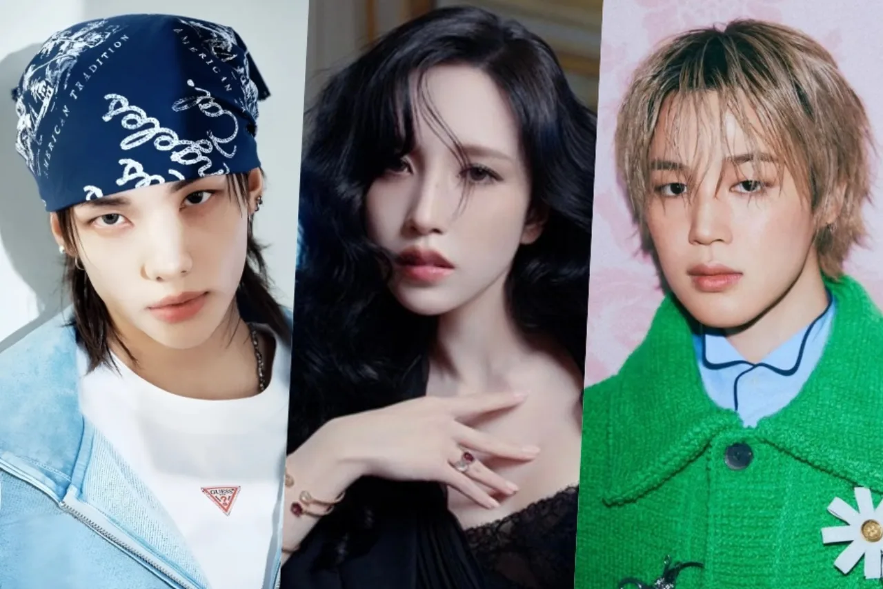 Mina, Shotaro, Soyeon, Hyunjin, Seulgi e Jimin posam em capas de revista de moda, exibindo looks estilosos