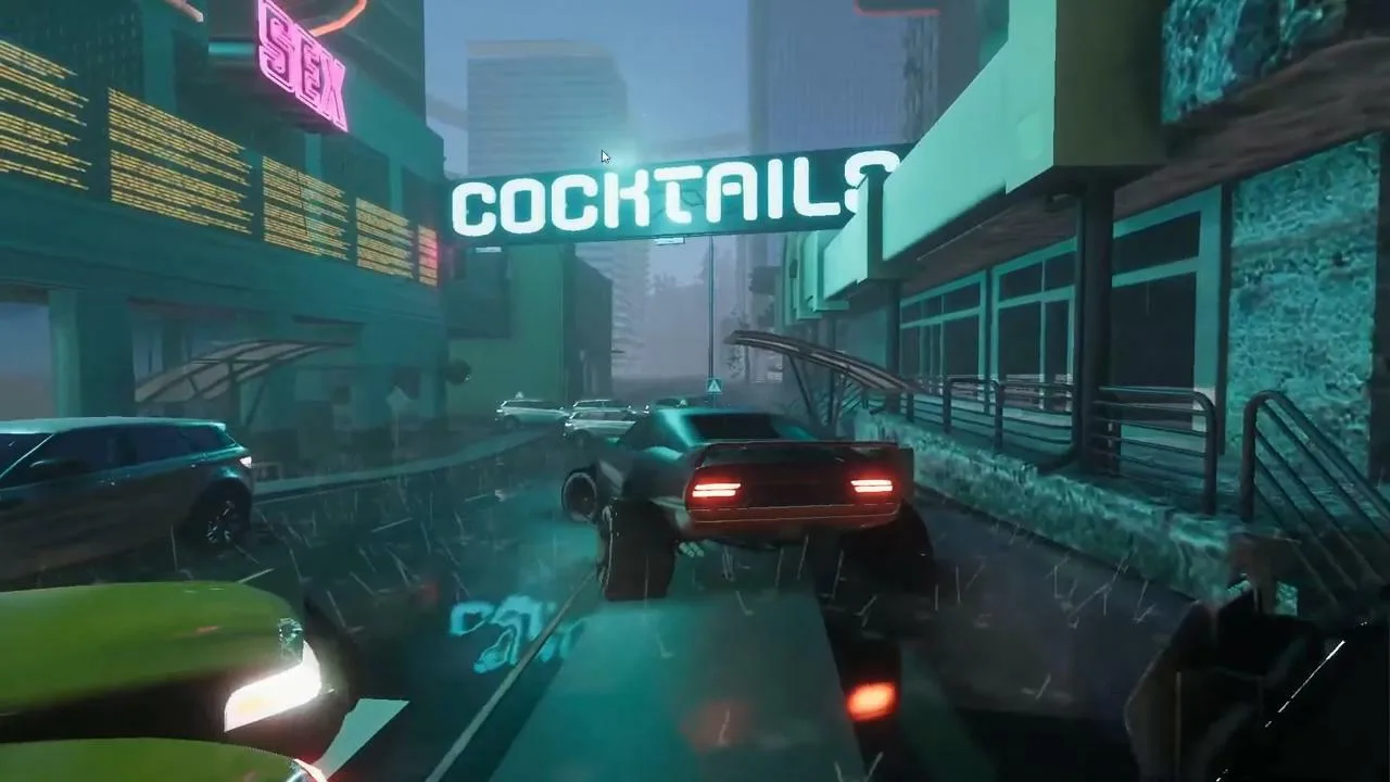 Jogador neon levanta halteres ao lado de monitor com Cyberpunk 2077 e garrafa de água