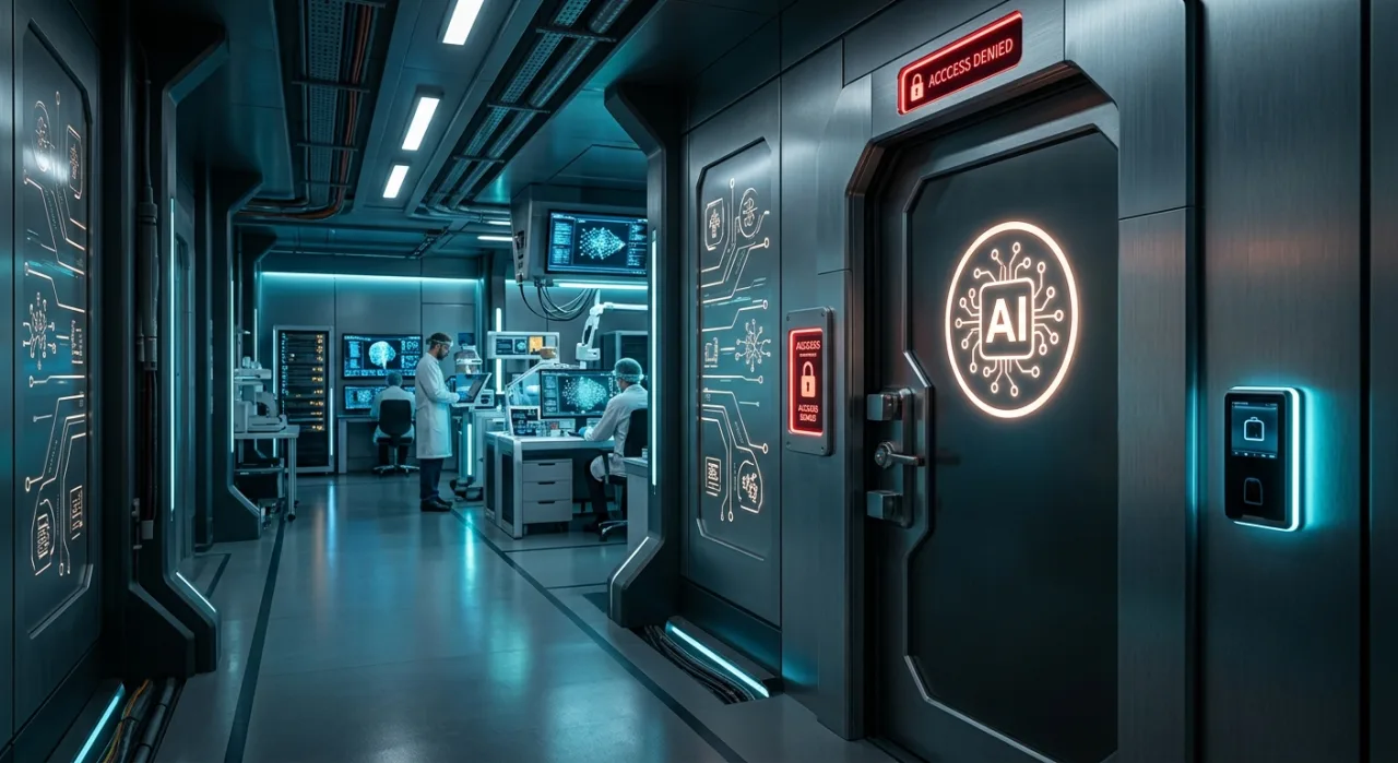Tela com o logotipo da OpenAI ao lado de um cérebro digital, enquanto um pesquisador observa com expressão de preocupação