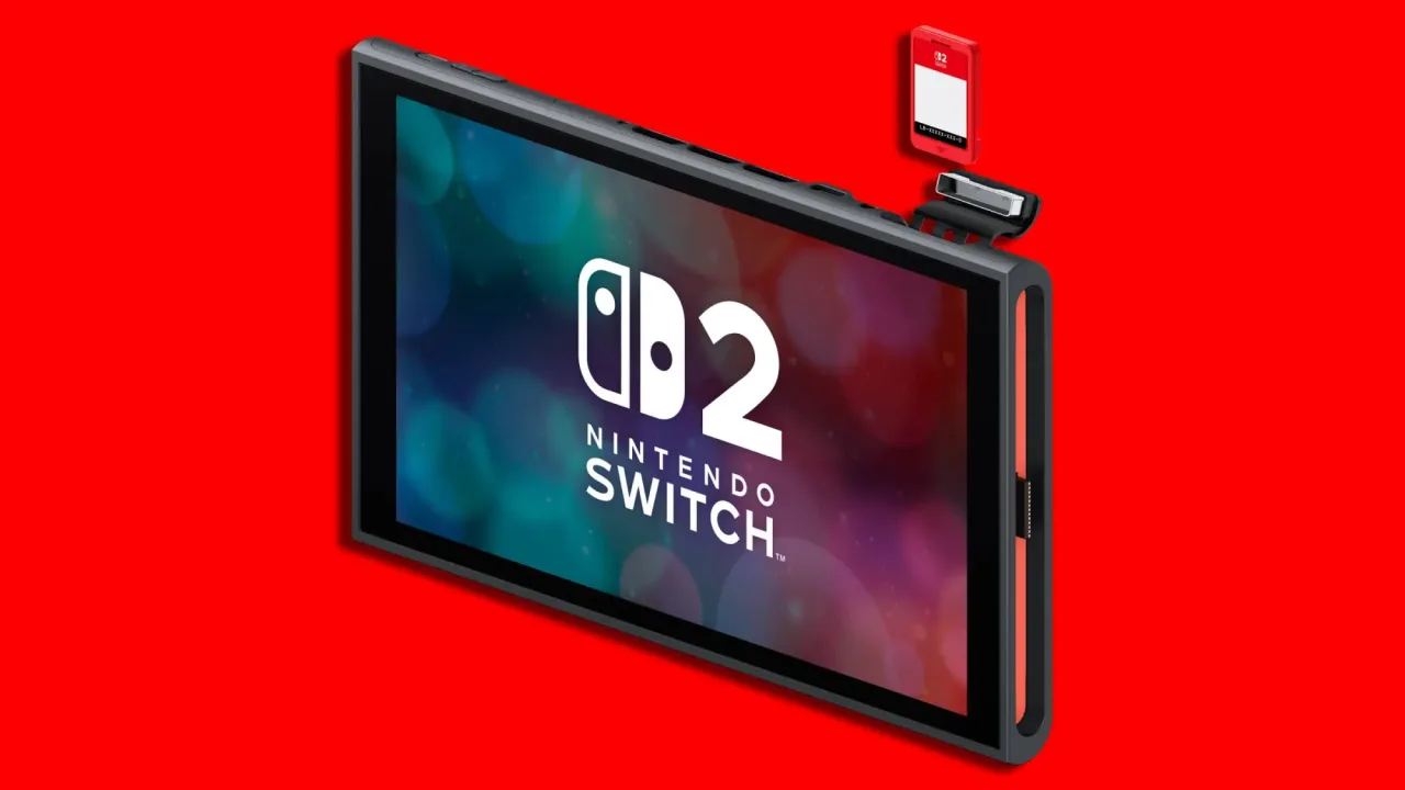 Console Nintendo Switch 2 ao lado de cartucho físico, com logo da Nintendo ao fundo