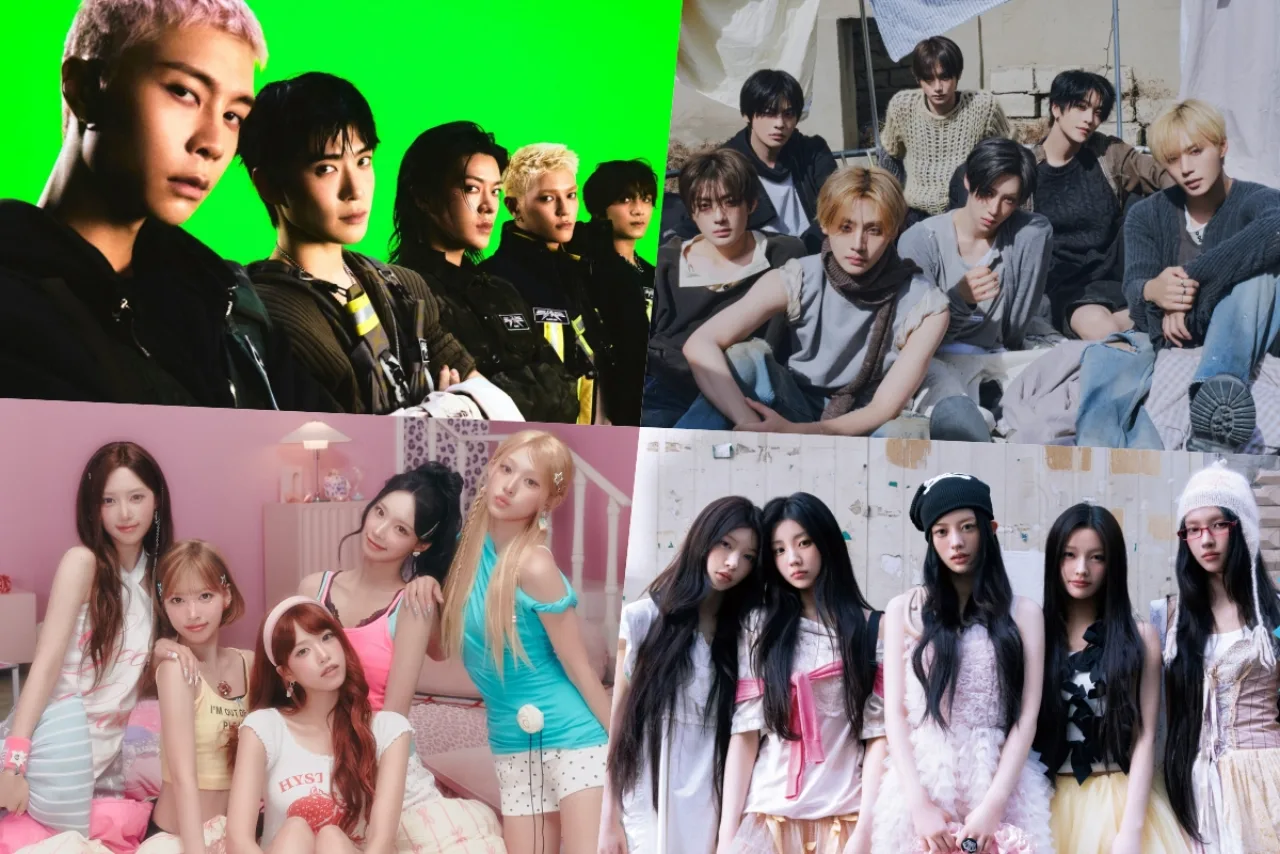 Membros de NCT 127 em trajes neon segurando o single “Blingy”, com o logotipo da Circle Chart ao fundo