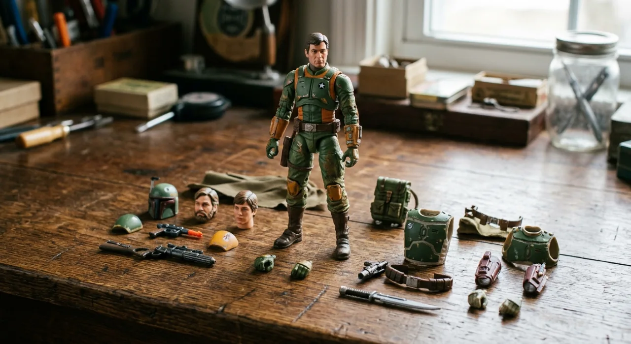 Jovem faz flexão segurando duas miniaturas de Captain Action ao lado de um kettlebell vermelho