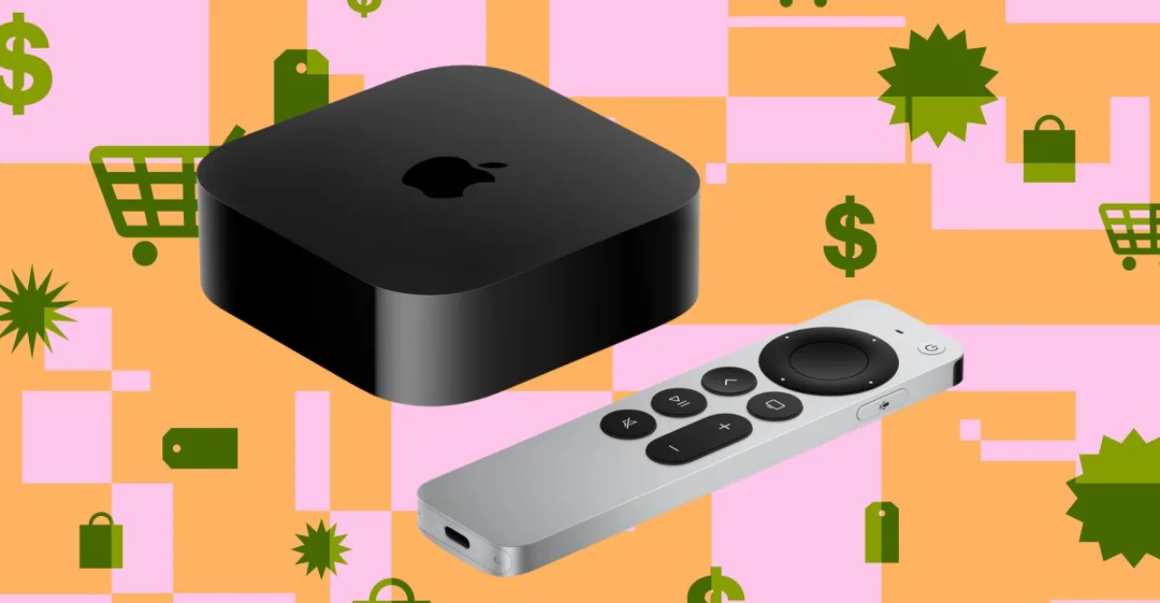 Apple TV 4K refurbished em caixa branca com selo “Refurbished”, cabo HDMI e etiqueta de preço mostrando US$ 169/209
