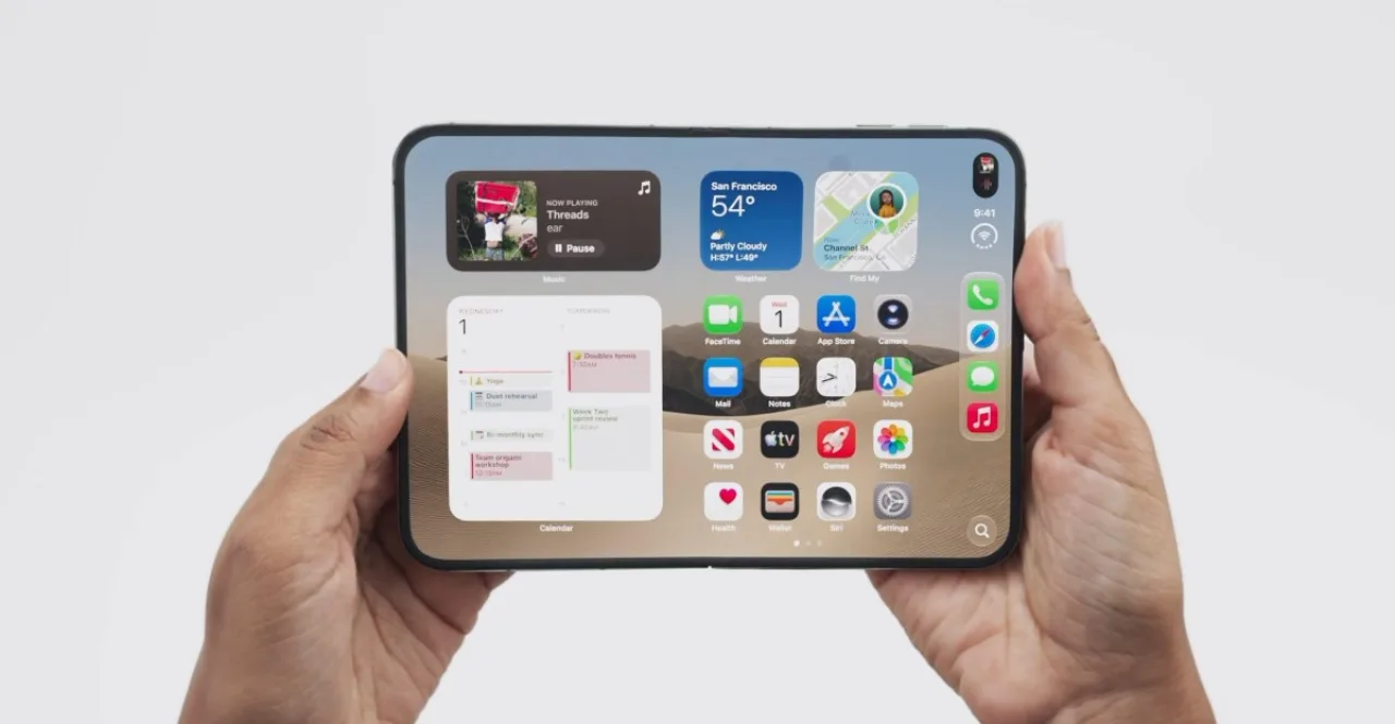 iPhone Duo com selo de entrega 2027 ao lado do logotipo da Apple e calendário marcando janeiro