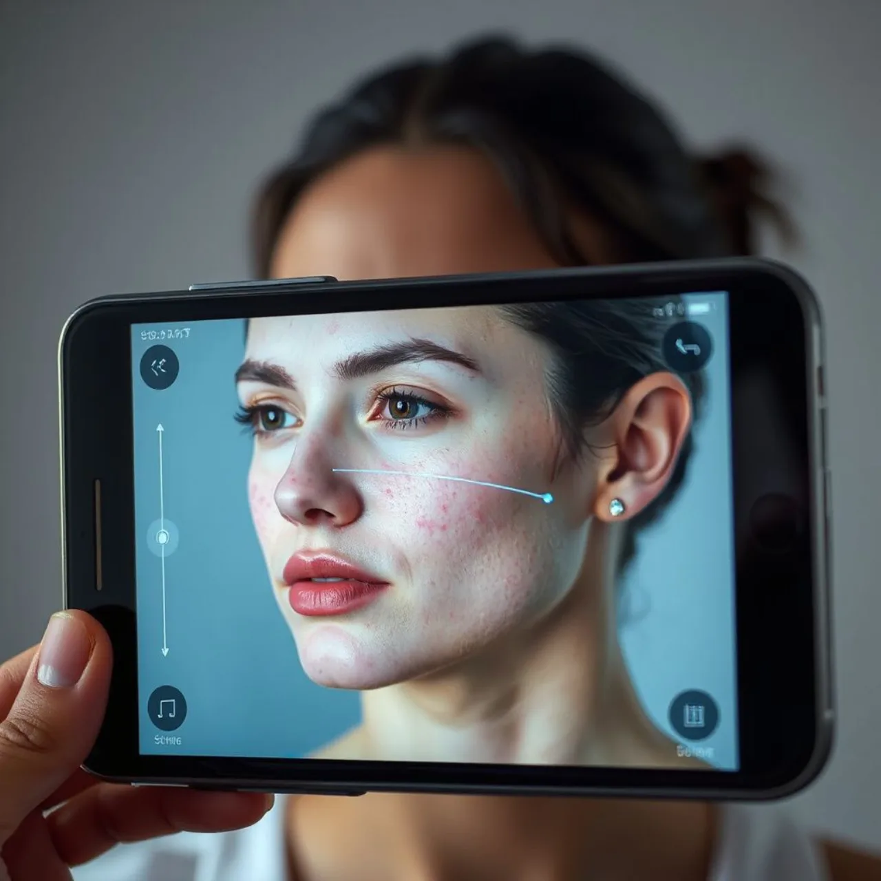 Tela de celular exibindo app da Nolla Health analisando acne, com logo da empresa e mapa estilizado de Utah ao fundo