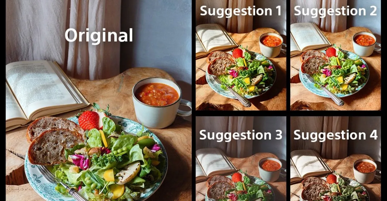 Pessoa usando o Sony Xperia 1 VI para fotografar um prato de salada fresca e colorida em uma mesa de madeira