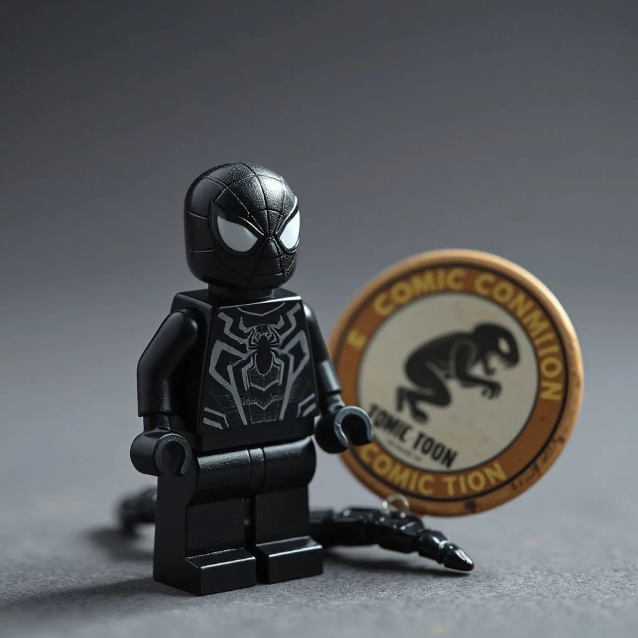 Minifigura LEGO do Homem-Aranha em traje Symbiote, com cabeça preta e olhos brancos, sobre fundo neutro