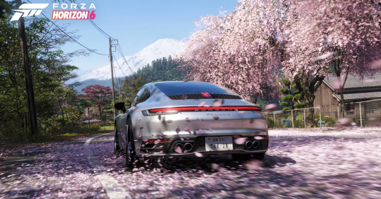 Capa de Forza Horizon 6 com carro esportivo vermelho ao lado do logo da PlayStation 5