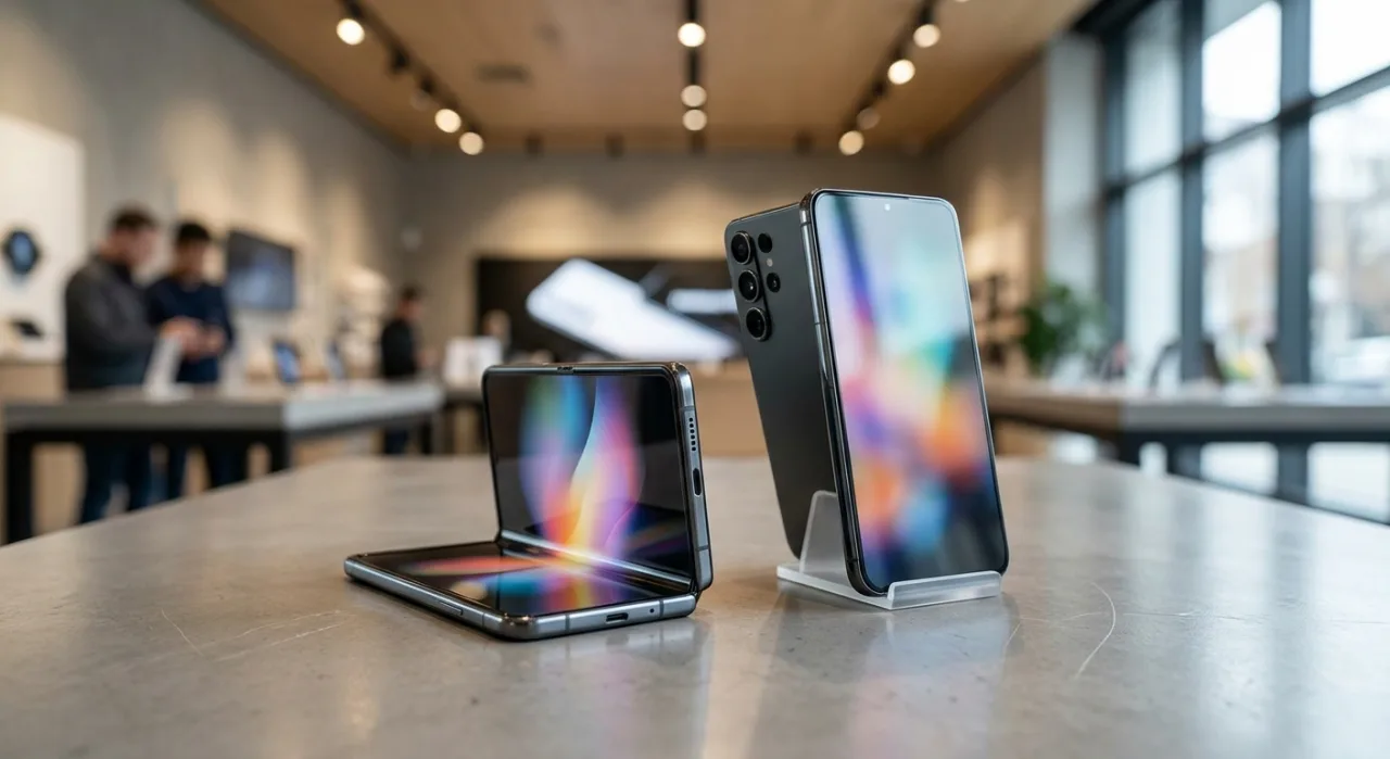 Galaxy Z8 aberto ao lado do iPhone Duo, com logos da Samsung e Apple e gráfico de vendas em ascensão ao fundo