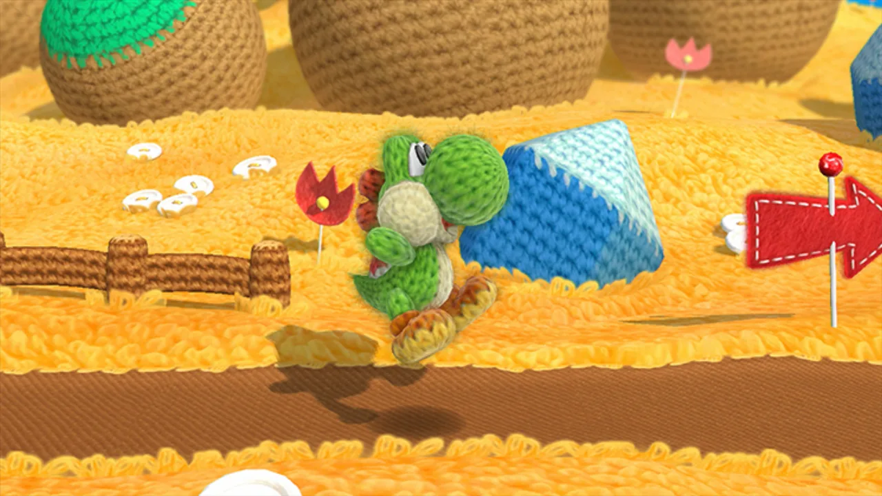 Pessoas em roupas esportivas fazem yoga ao lado de um boneco Yoshi, cercadas por frutas vermelhas e uma prancha de madeira