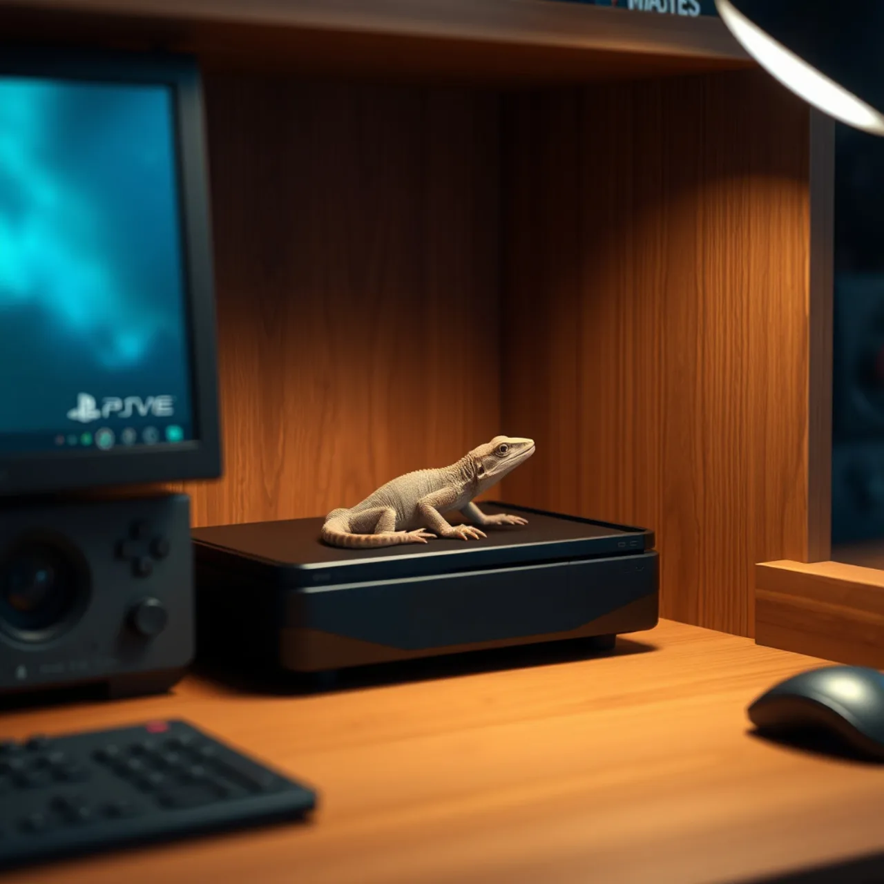 Homem em roupa de treino segurando controle Xbox enquanto um gecko escala o console aberto