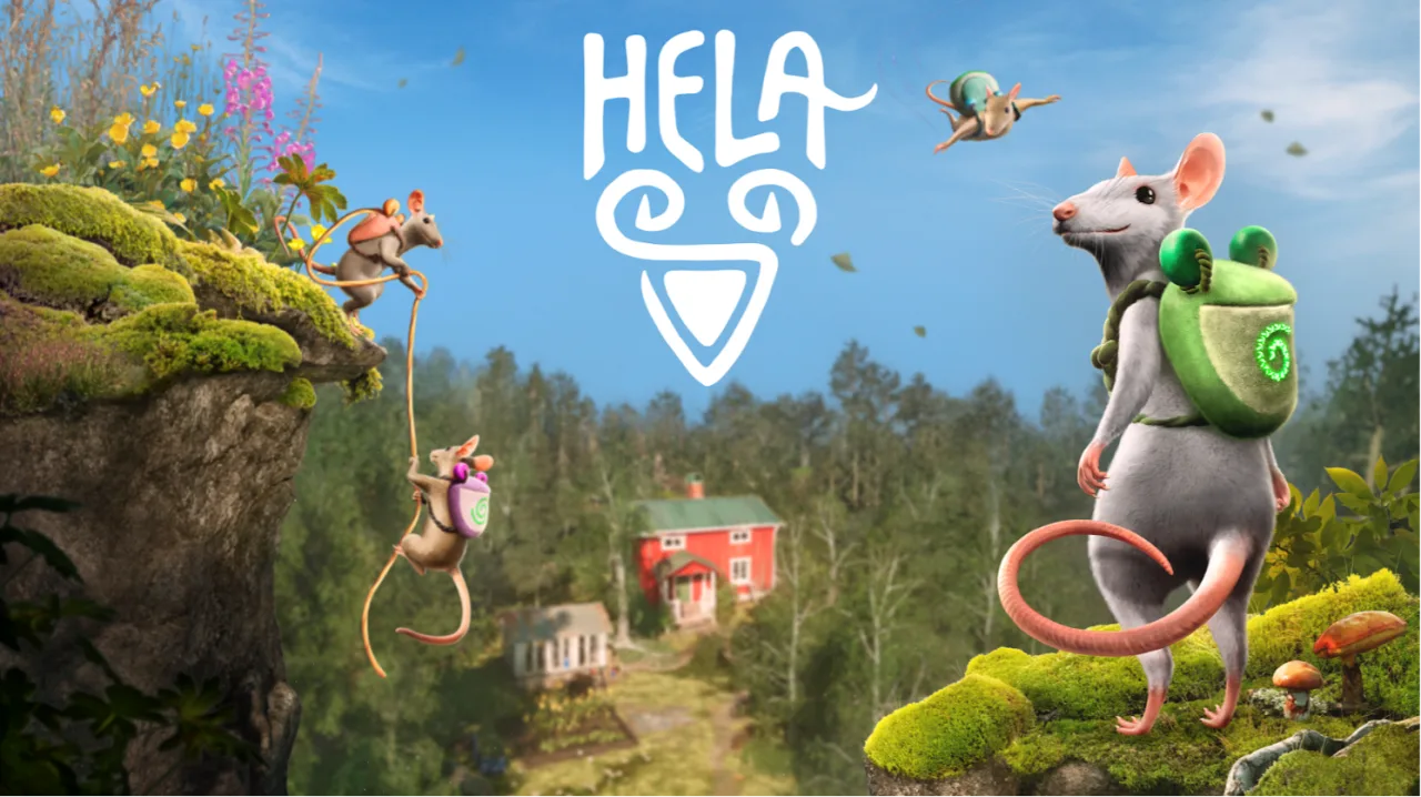 Logo de Hela: of Mice & Magic ao lado de um mouse mago em pose heroica, com ícones dos consoles Switch 2, PS5, Xbox Series X/S