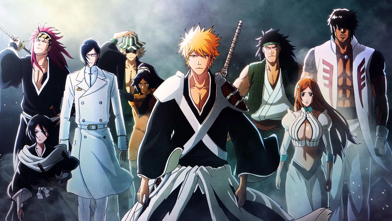 Jovem em roupa de ginástica segurando espada de espuma, fazendo agachamento, ao fundo pôster de Bleach