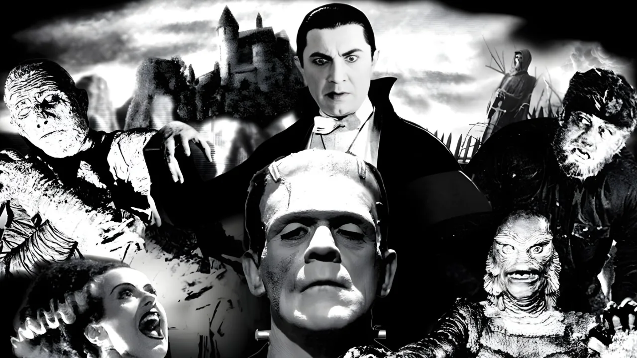 Figuras de ação Remco Universal Monsters de 9 polegadas ao lado das mini‑monsters de 3,75 polegadas, incluindo Frankenstein e Drácula