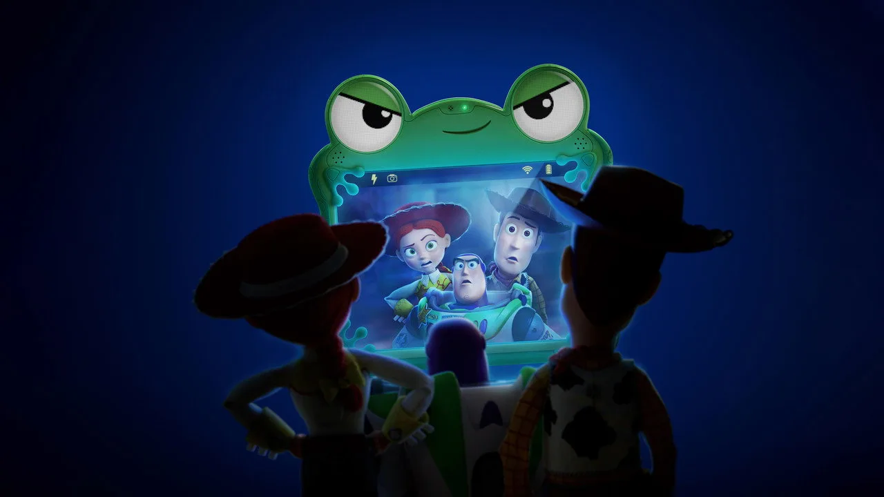 Crianças e adultos praticando alongamento no tapete, com um projetor exibindo Toy Story 5 ao fundo