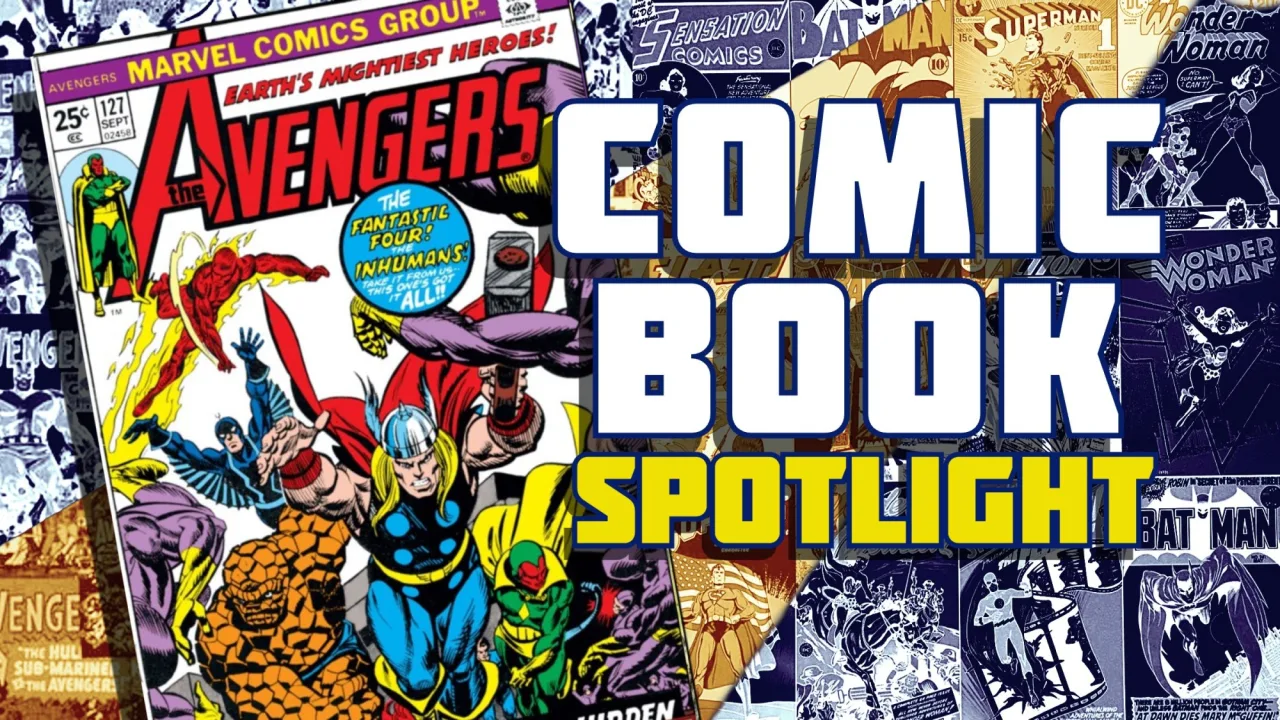 Jovem musculoso faz agachamento segurando a edição #127 dos Avengers aberta, exibindo a capa vibrante