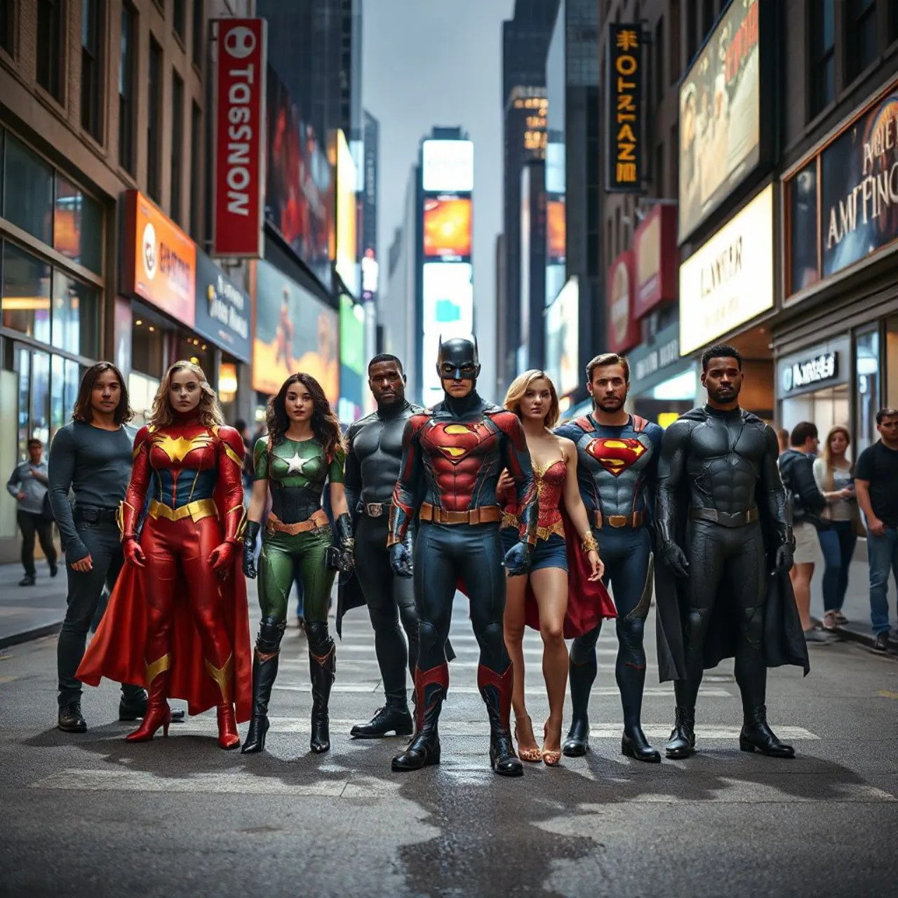 Batman e Robin, Superman com Lois Lane, Wonder Woman e Steve Trevor, Flash e Iris West, Aquaman com Mera