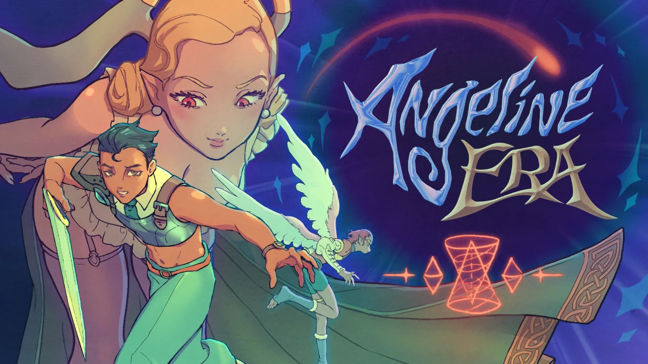 Jogador(a) em postura de agachamento, segurando o controle do PS5, com tela do Angeline Era exibindo ação‑aventure