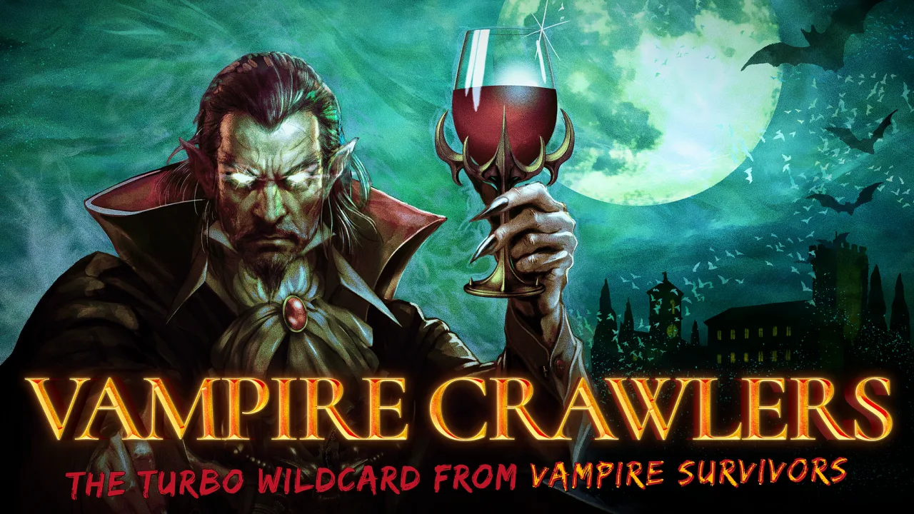 Logo de Vampire Crawlers: Turbo Wildcard ao lado de um vampiro em ação no novo estágio Death Parade, com ícone de celular
