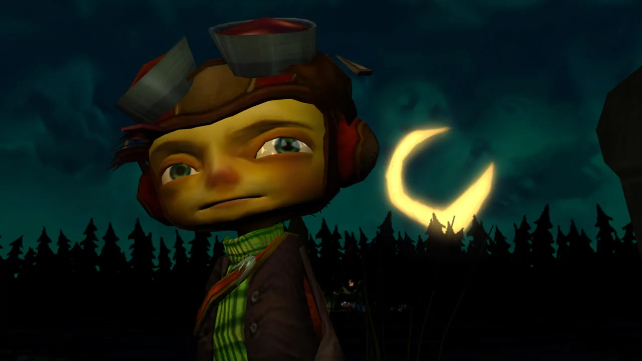 Jogador fazendo agachamento segurando um controle Xbox ao lado de caixas de jogos da Double Fine