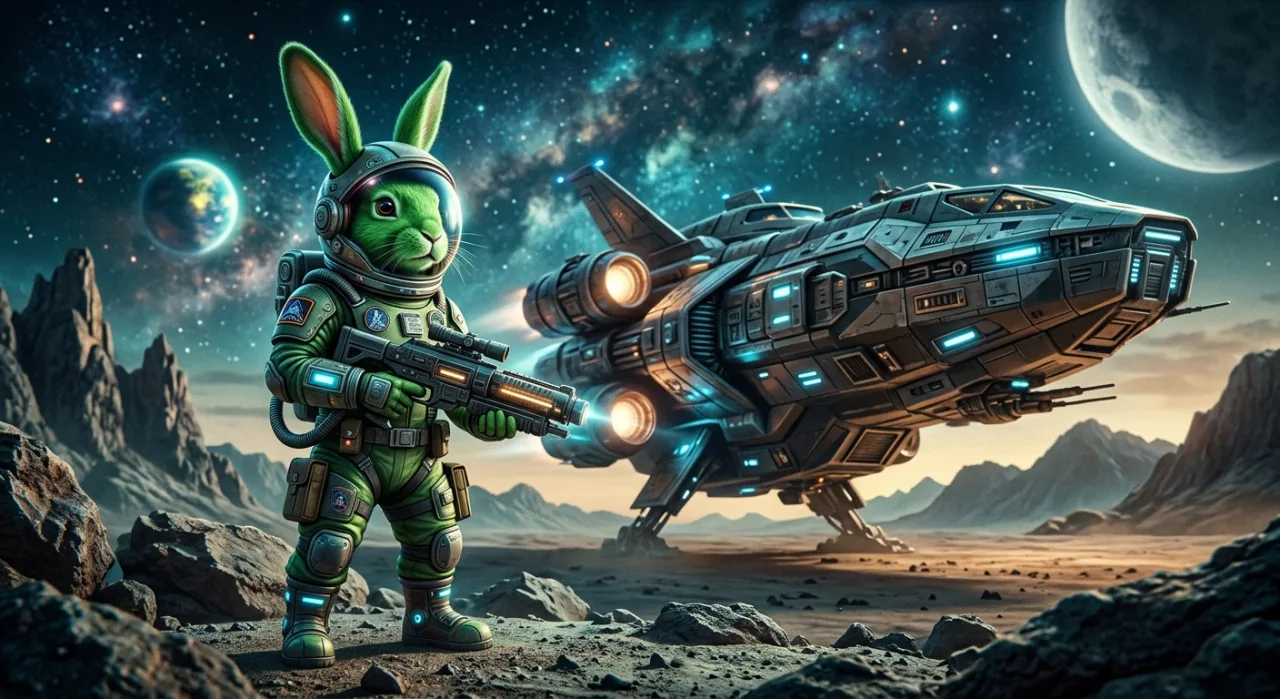 Bucky O'Hare, o coelho piloto, está ao lado da nave Righteous Roger, cercado pelos membros da tripulação