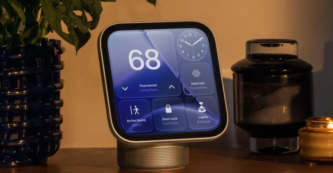 Apple HomeView nas cores cinza e starlight sobre fundo neutro, com logotipo da Apple visível