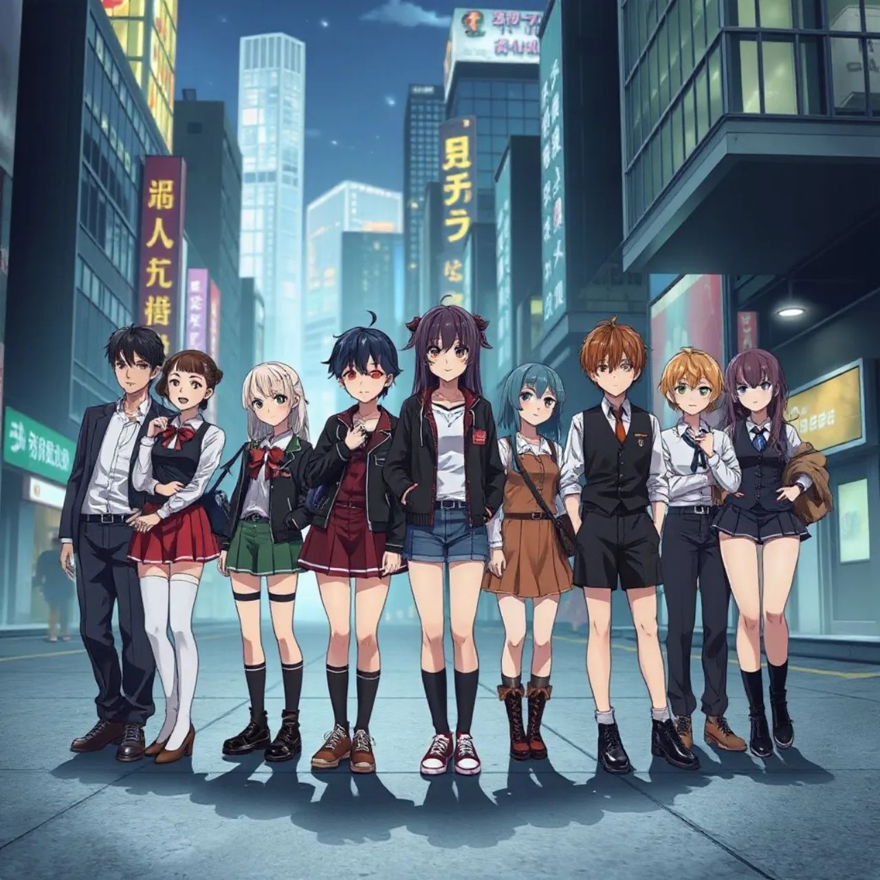 Shizuri Mugino, Rikou Takitsubo, Saiai Kinuhata, Frenda Seivelun e Hanano Choubi posam em estilo anime, ao lado do logo da série