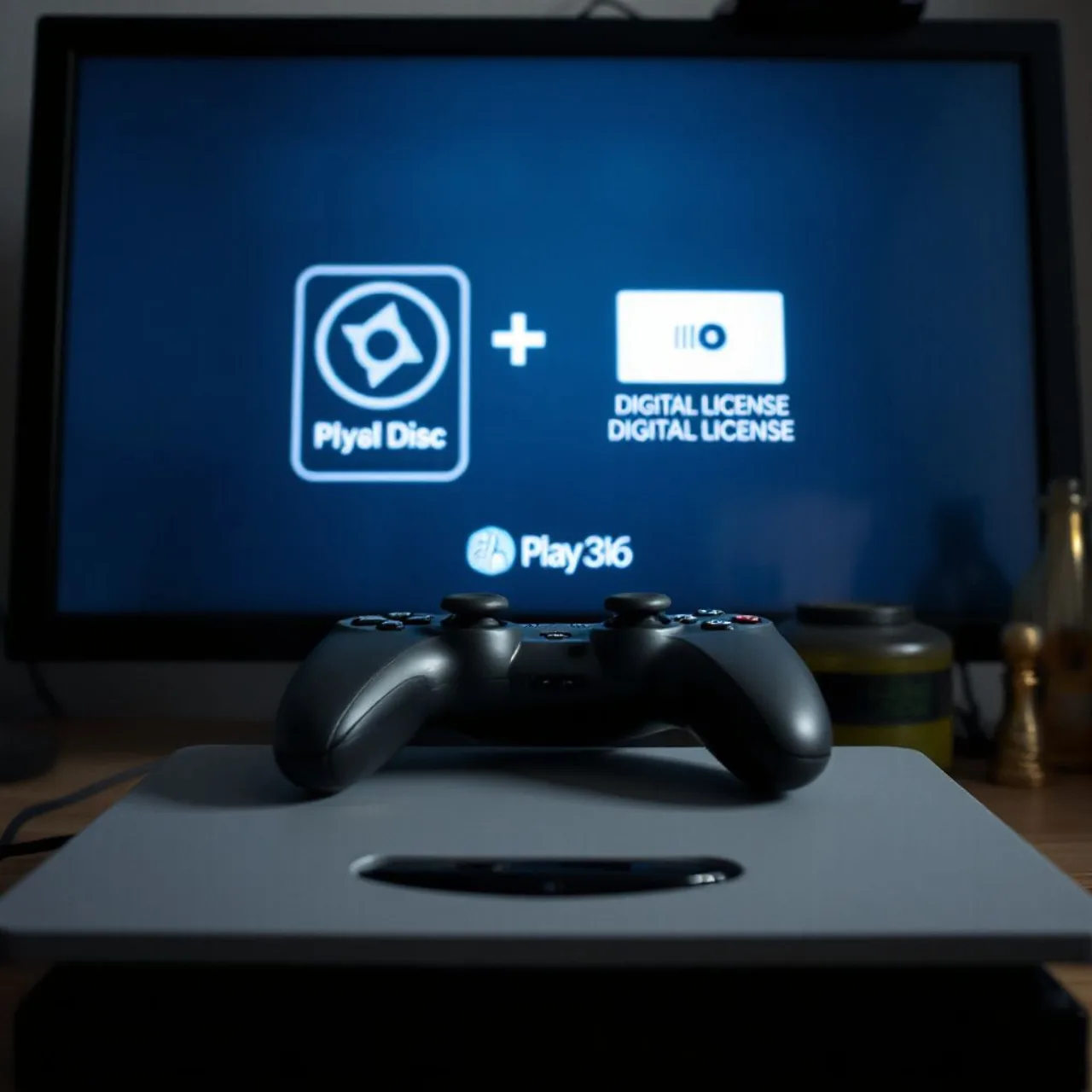 Tela do site Play.Xbox exibindo histórico de licenças ao lado de um disco Xbox e o logo da Microsoft