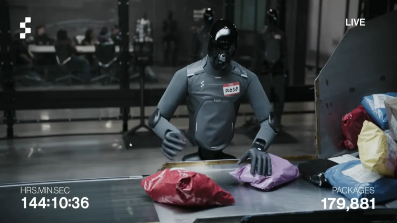 Robô humanoide da Figure AI realizando tarefas manuais em uma bancada de trabalho organizada com ferramentas