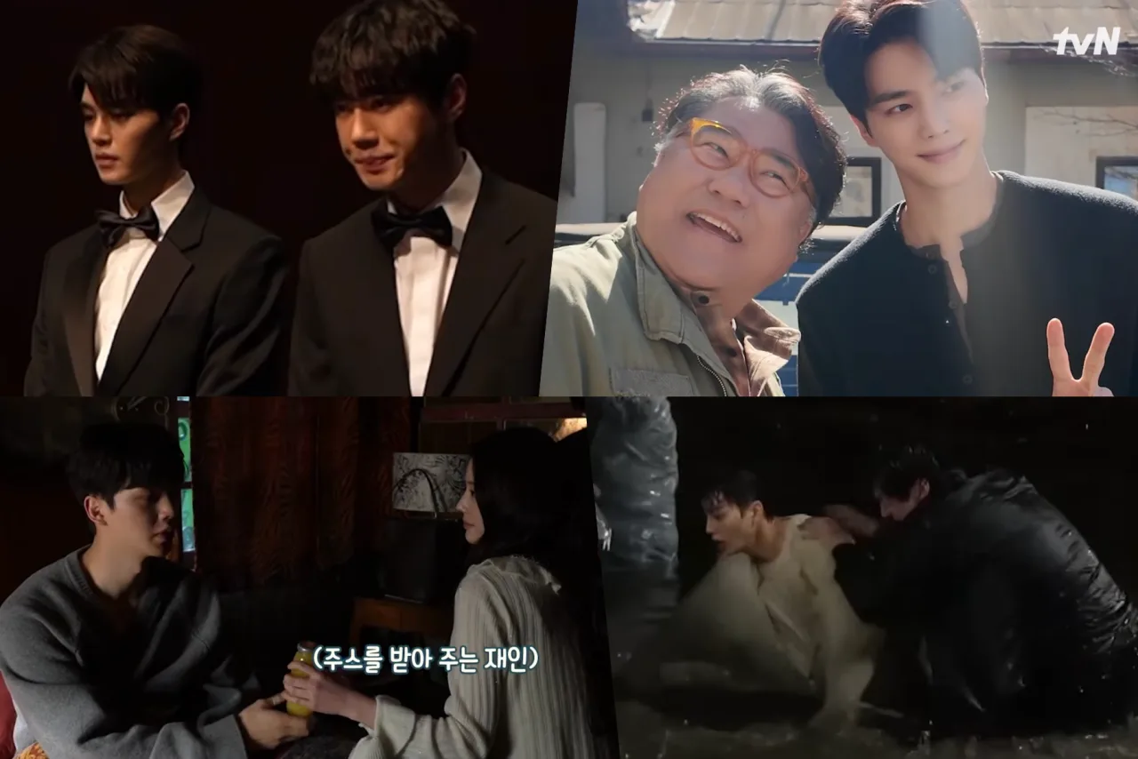 Song Kang, Lee Jun Young e Go Chang Suk cobertos de lama, sob chuva, seguram uma câmera improvisada em cena de ação