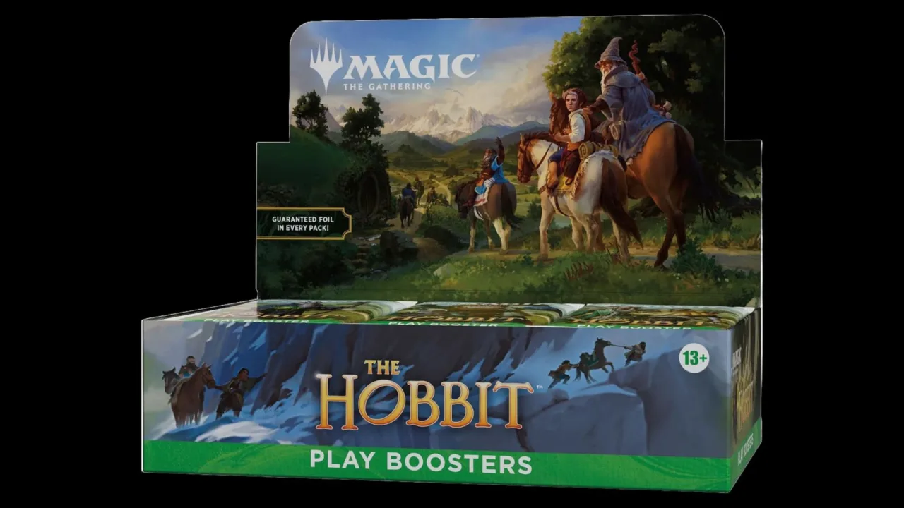 Caixa lacrada do Play Booster Box "O Hobbit" de Magic: The Gathering exibindo arte temática e logotipo da coleção