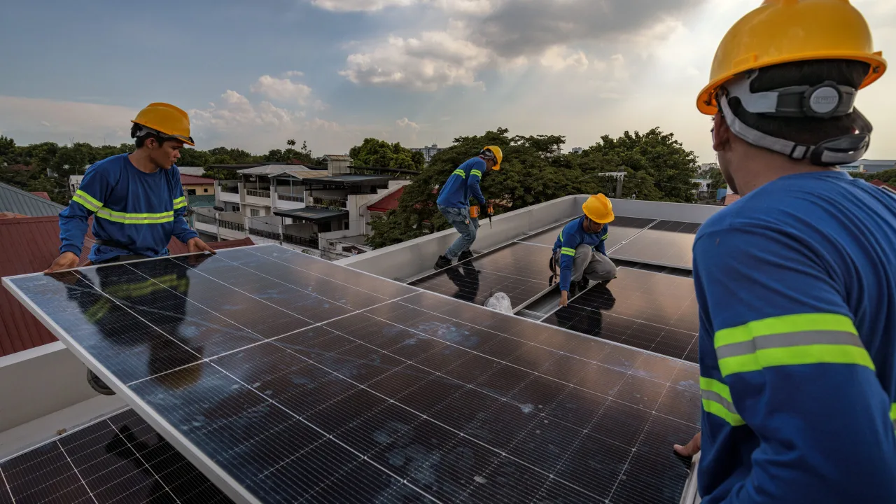 Painéis solares alinhados ao lado de um silo de cimento da Bestway, com seu logotipo ao fundo sob céu claro